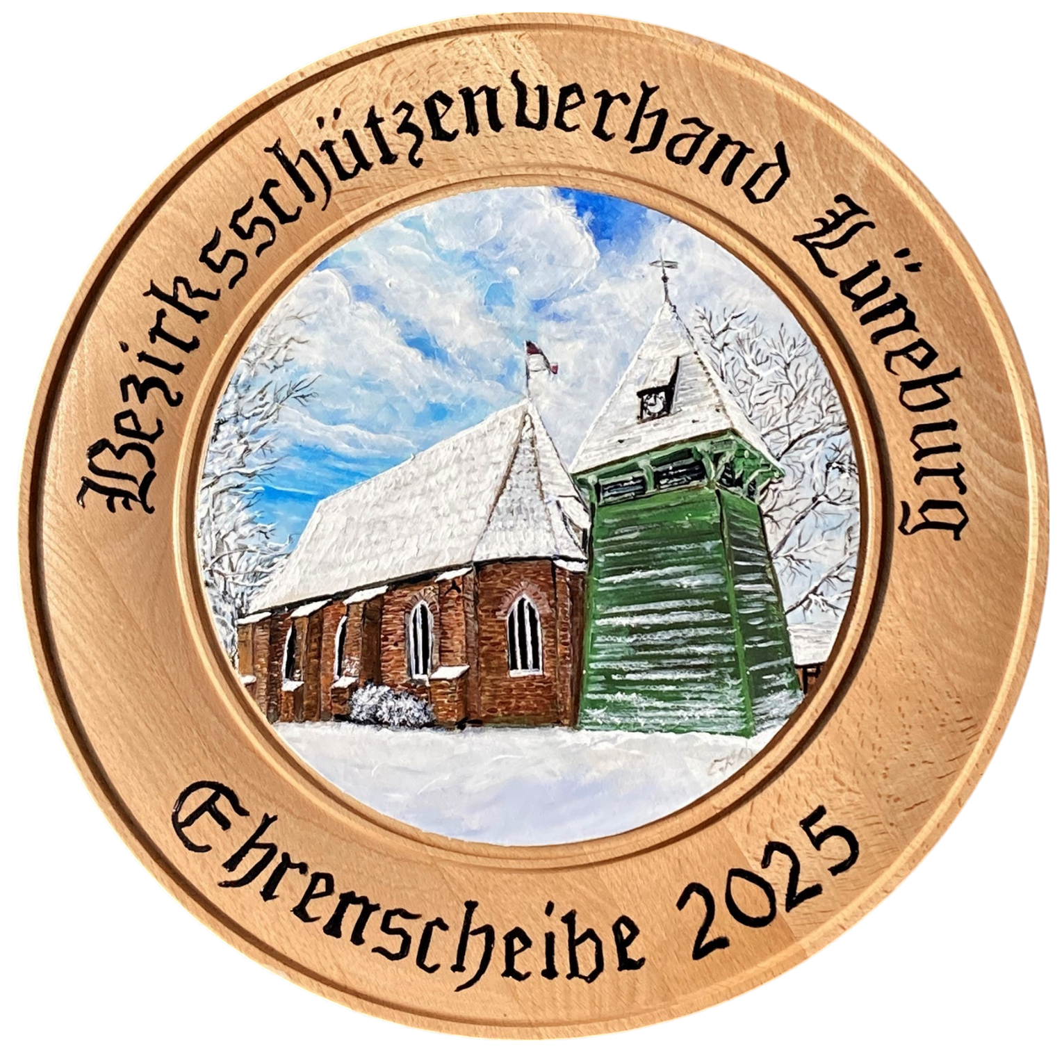 Ehrenscheibe 2025 für den Bezirksschützenverband Lüneburg, handgemalt von Claudia Koch