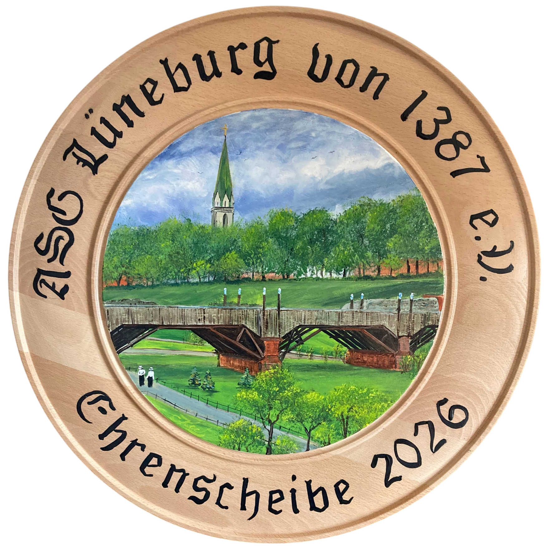 Ehrenscheibe 2026 für den ASG Lüneburg mit der alten Holzbrücke am Liebesgrund von 1910, Schützenscheiben Claudia Koch