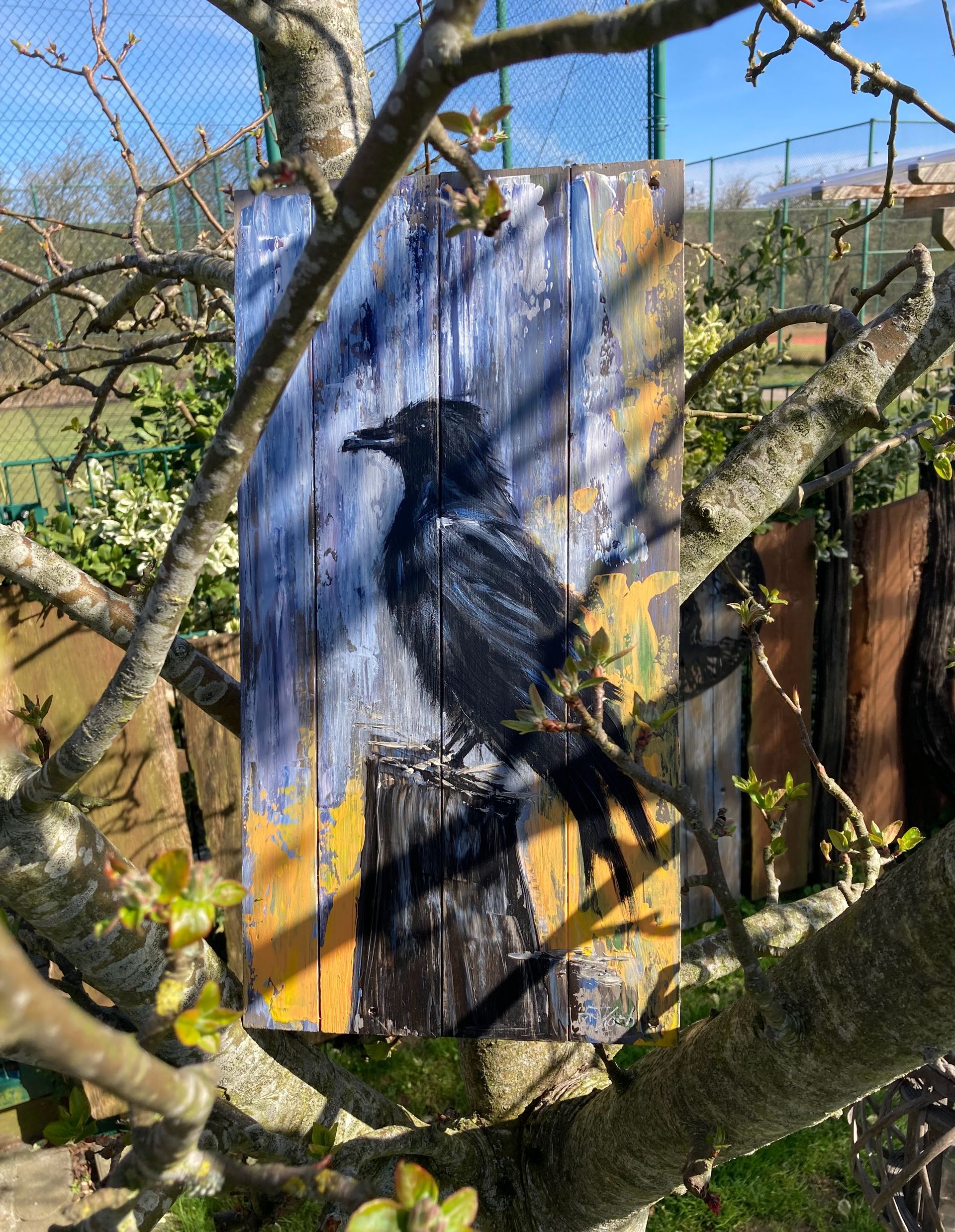 Rabenvogel Gemälde auf Altholz - Atelier-am-Deich-Dornum