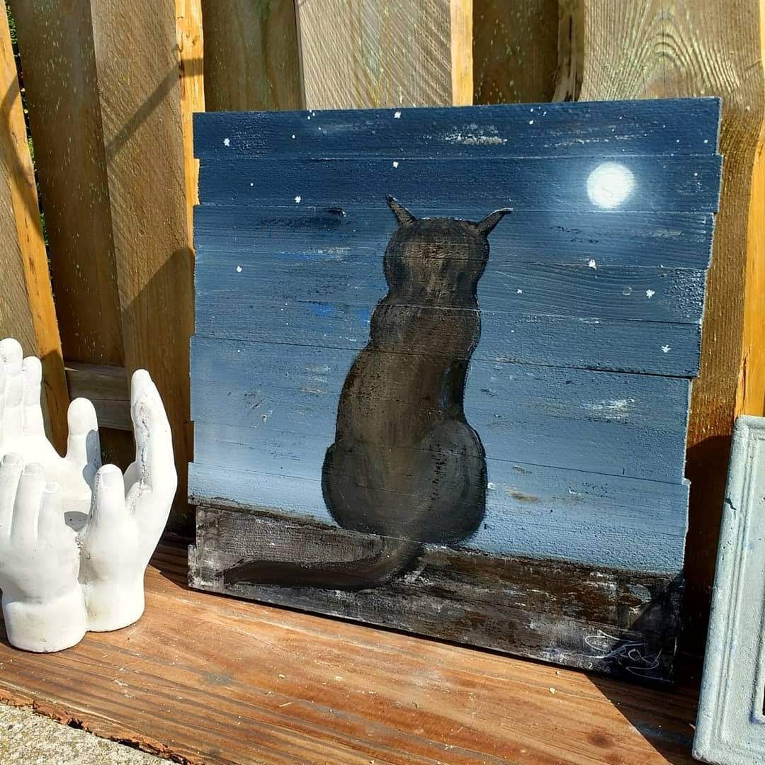 Schwarze Katze bei Vollmond, handgemalt, Claudia Koch, Dornum