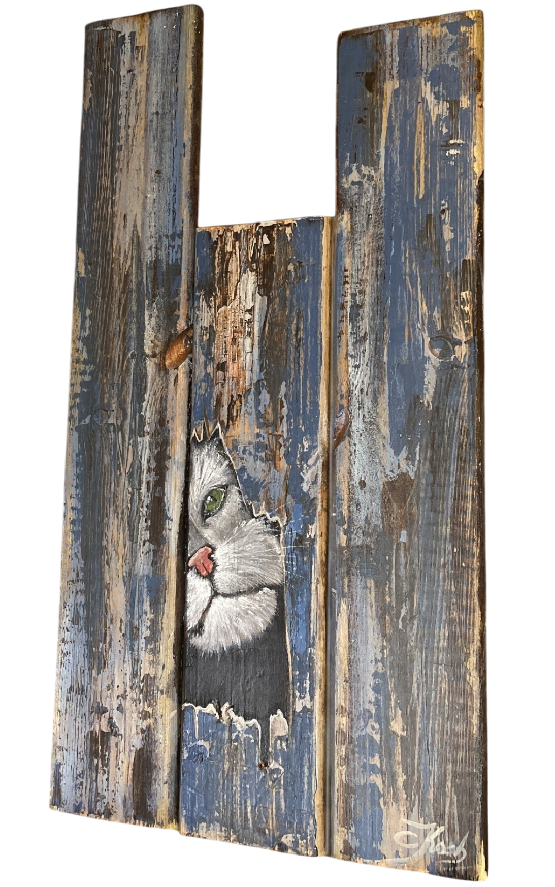 handbemaltes Altholz mit einer Katze, ein grimmiger Kater, Claudia Koch Atelier am Deich, Dornum