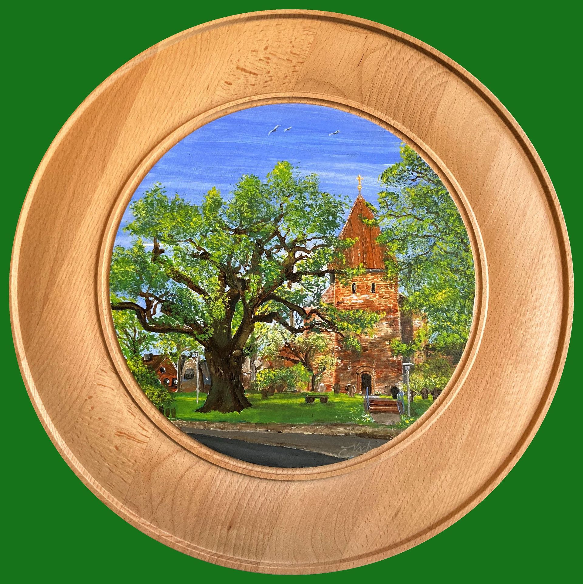 Handgemalte Schützenscheibe mit der Kirche in Hittbergen - Atelier am Deich Claudia Koch