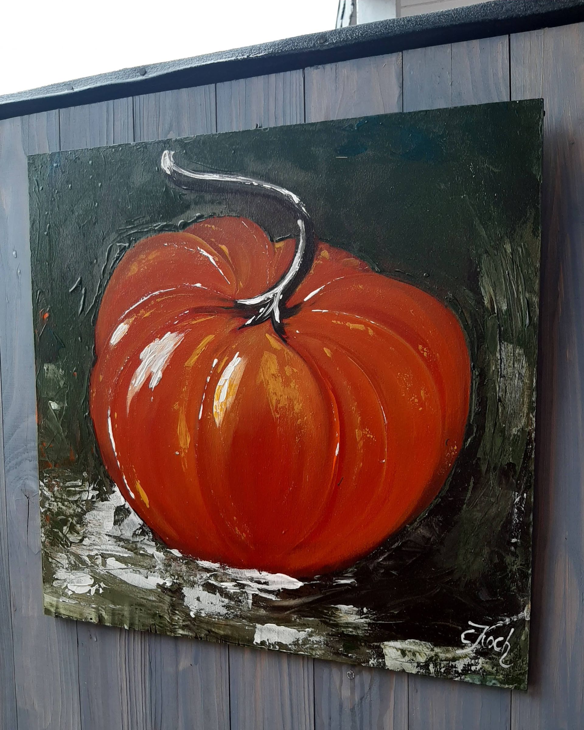 Ein Kürbis handgemalt auf Altholz - Atelier am Deich - Dornum