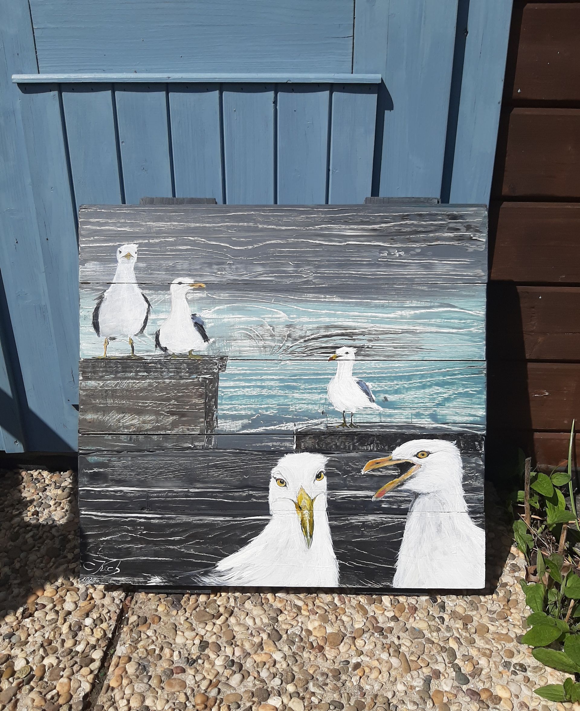Die Möwengang. Gemälde auf Altholz von Claudia Koch Atelier am Deich Dornum