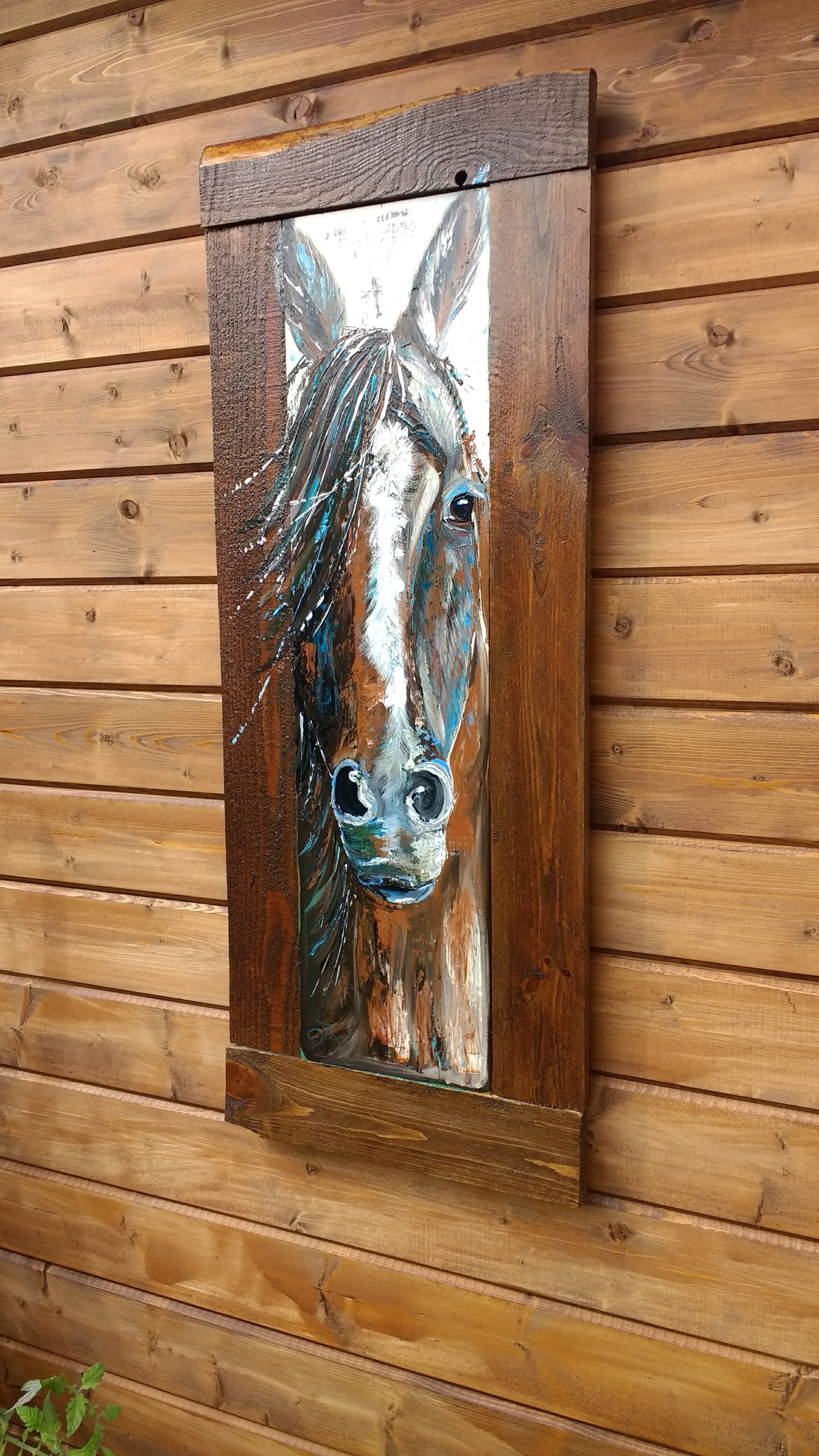 Pferdeportrait auf Altholz, handgemalt und wetterfest lackiert von Claudia Koch, Atelier am Deich