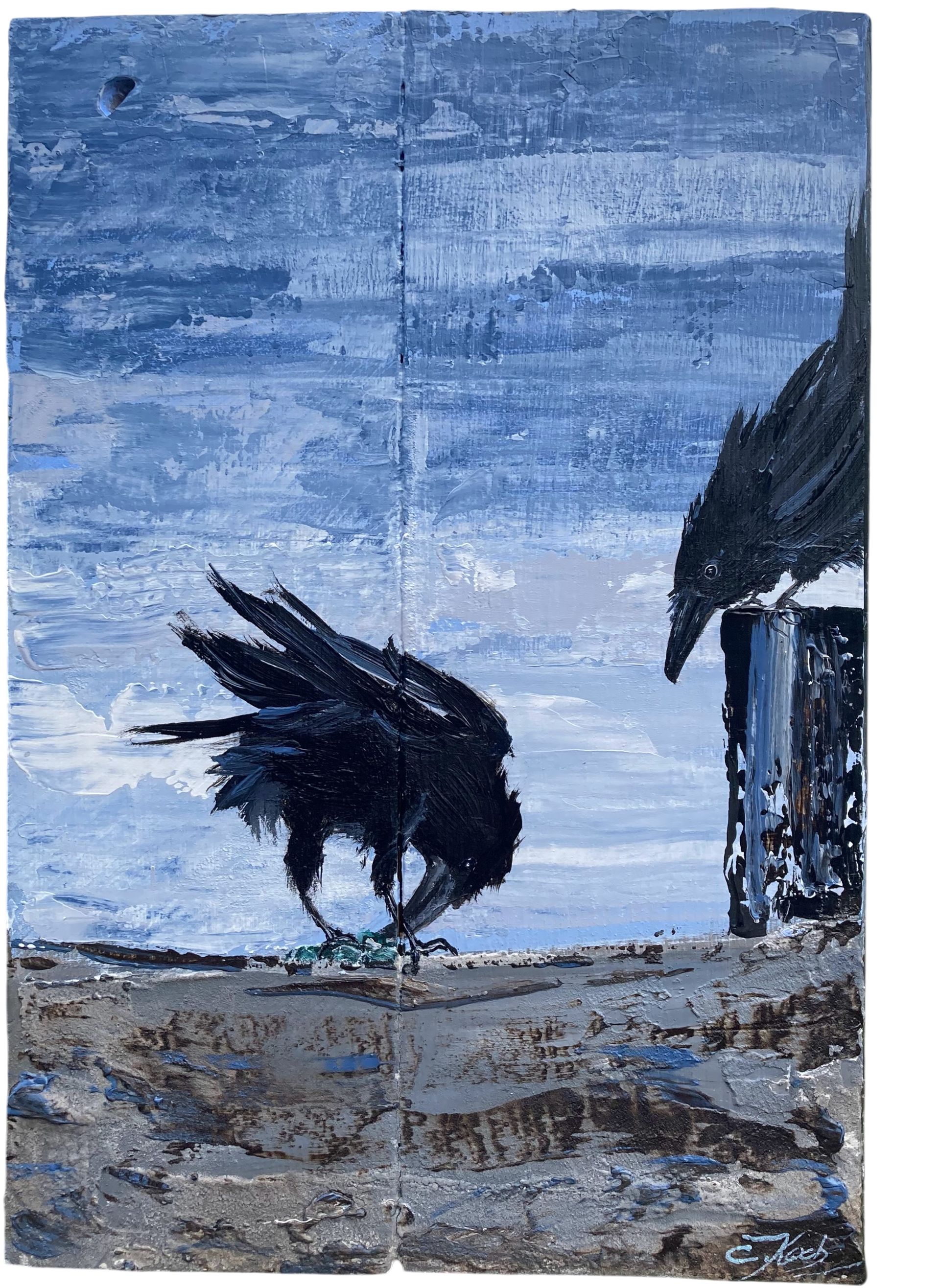 Rabengemälde auf Altholz, wetterfest