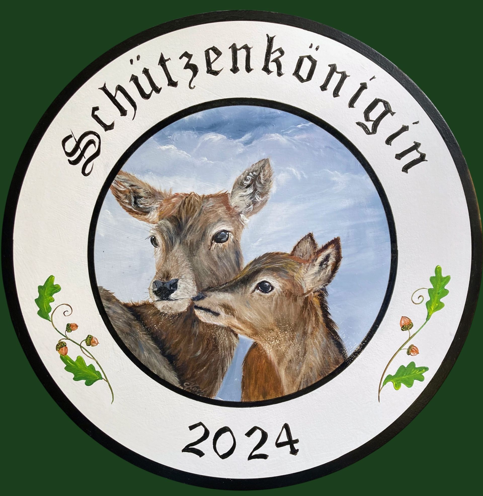 Handgemalte Schützenscheibe mit zwei Rehportraits