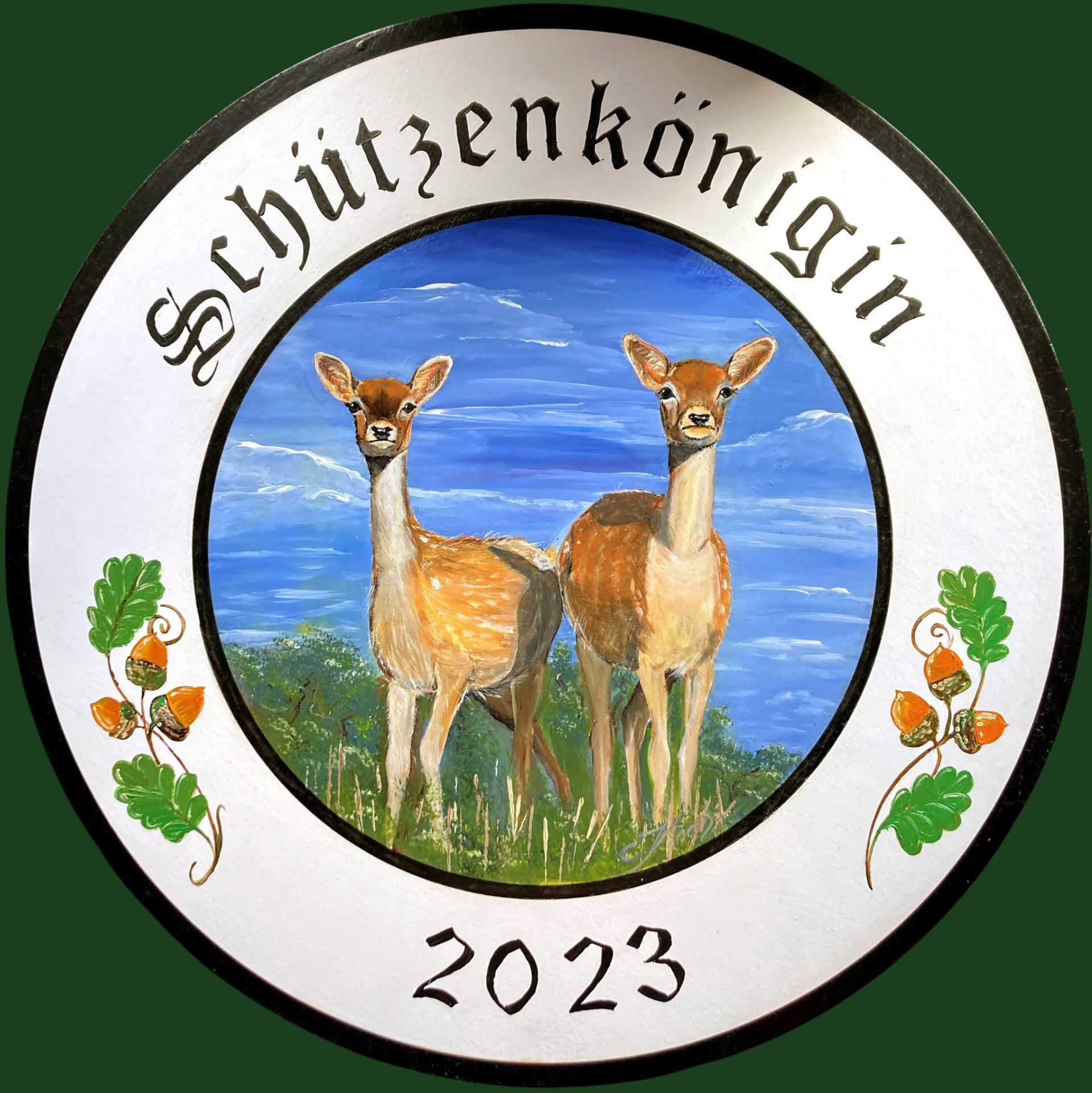 Handgemalte Schützenscheibe, zwei Rehe im Sonnenschein