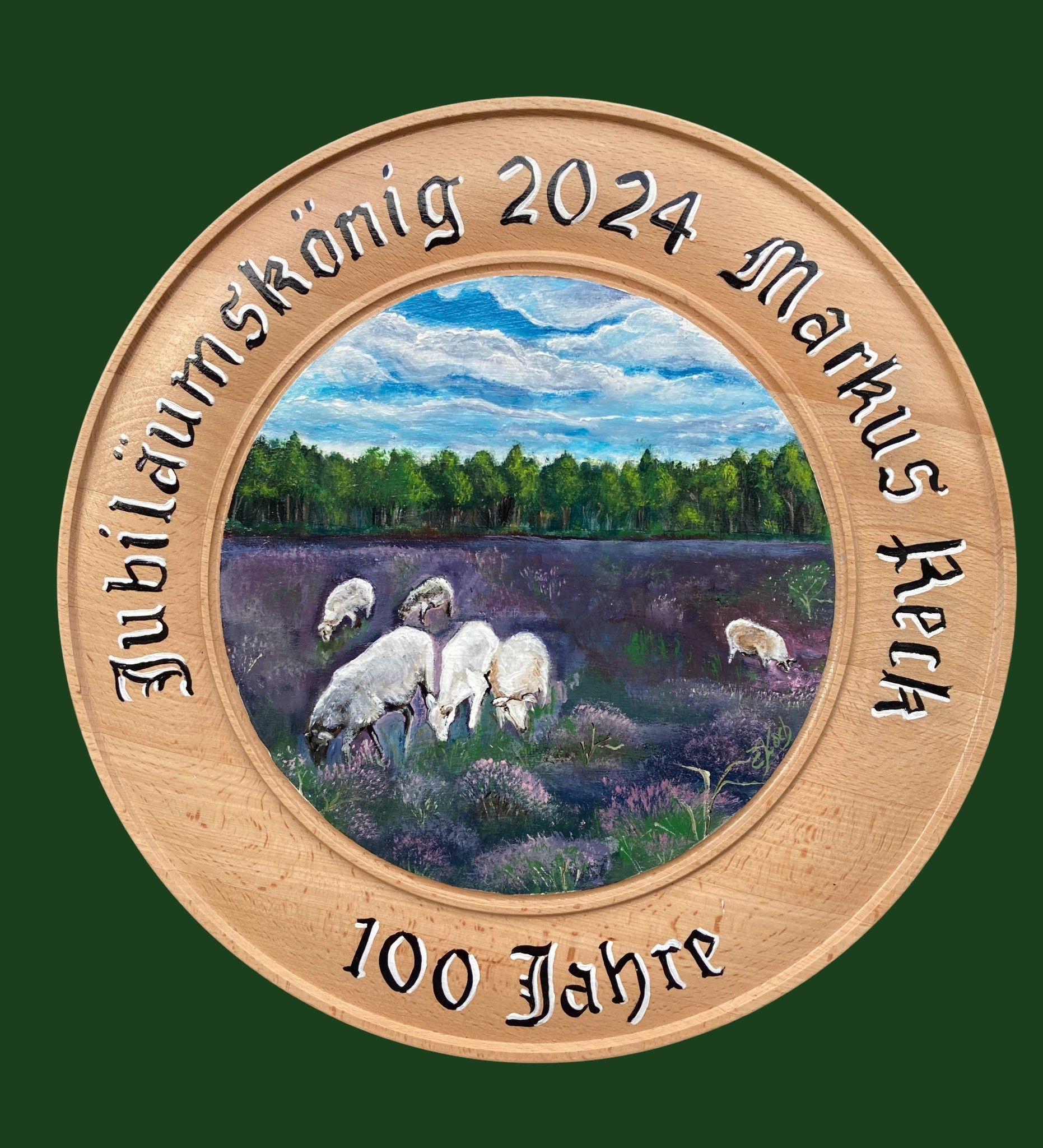 Handgemalte Schützenscheibe mit einer Schafherde in der Heide