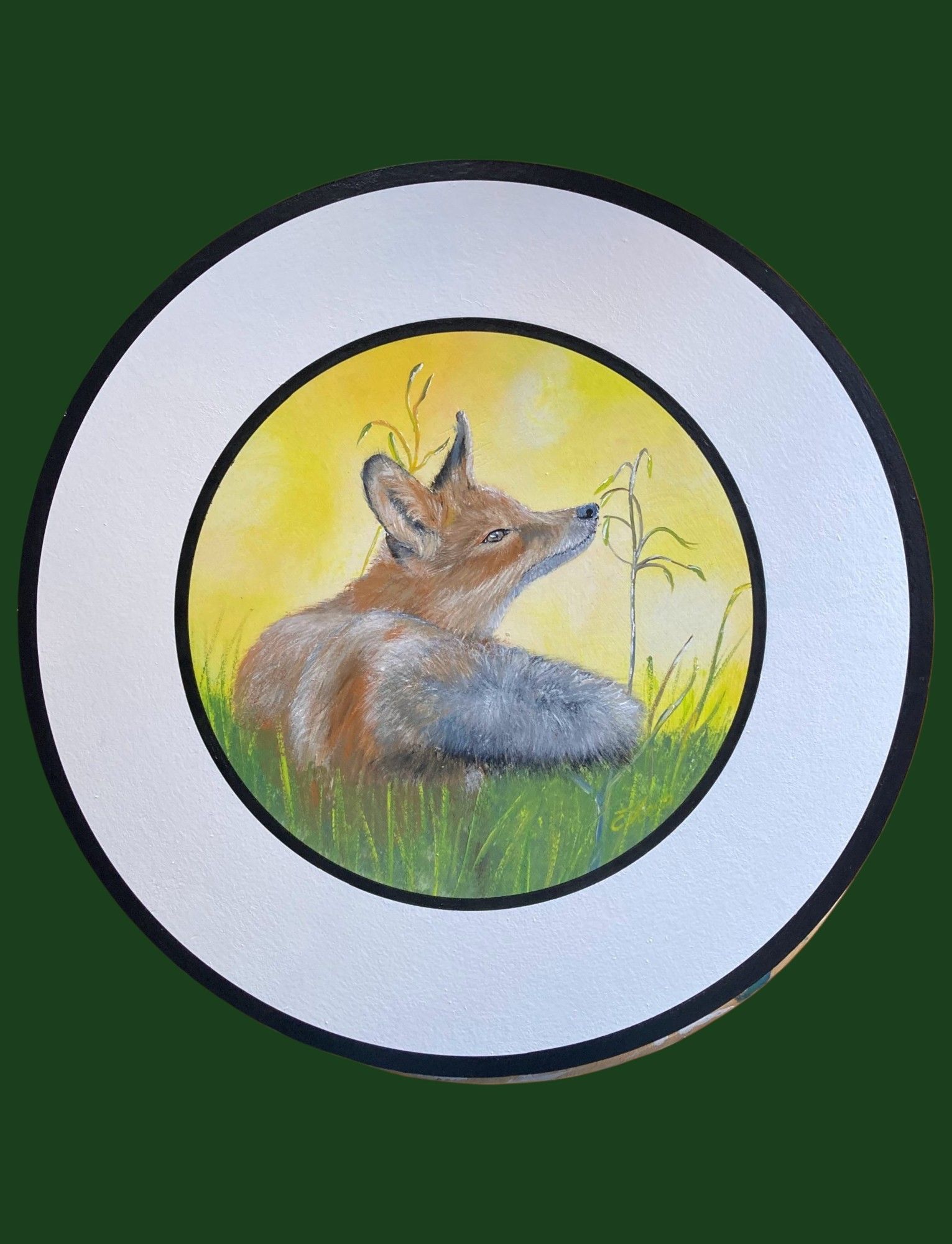 Handgemalte Schützenscheibe mit einem Fuchs im Sonnenschein