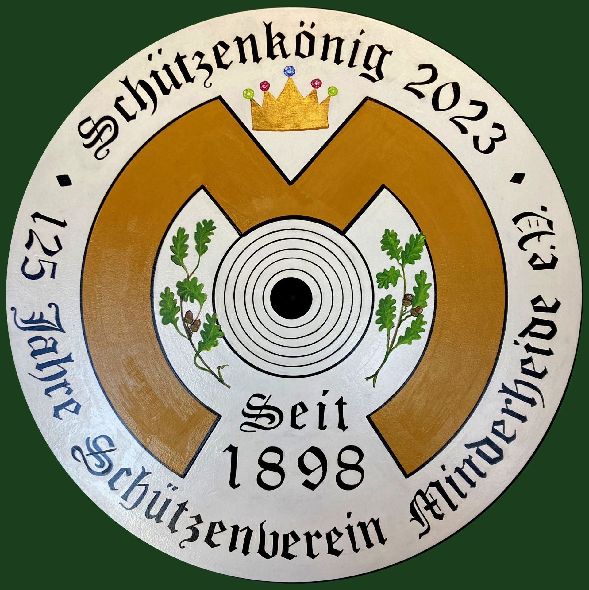 Handgemalte Schützenscheibe, Jubiläumsscheibe mit vergoldeter Krone und Wappen Minderheide