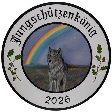 Handgemalte Schützenscheibe mit einem Wolf unter Regenbogen für den Schützenverein Hittbergen