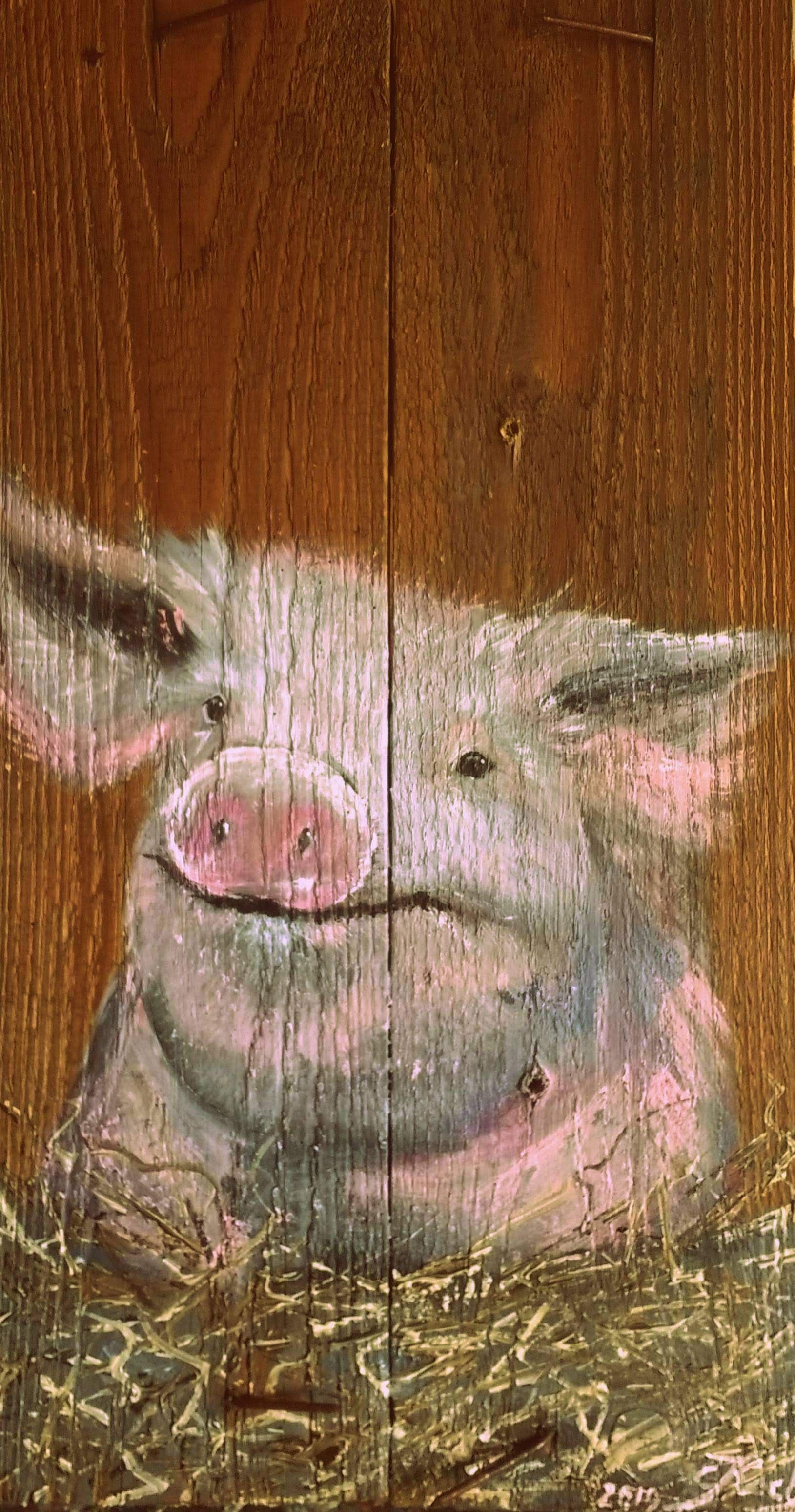 Ein lustiges Scheineportrait auf einer dicken Holzbohle, handgemalt von Claudia Koch