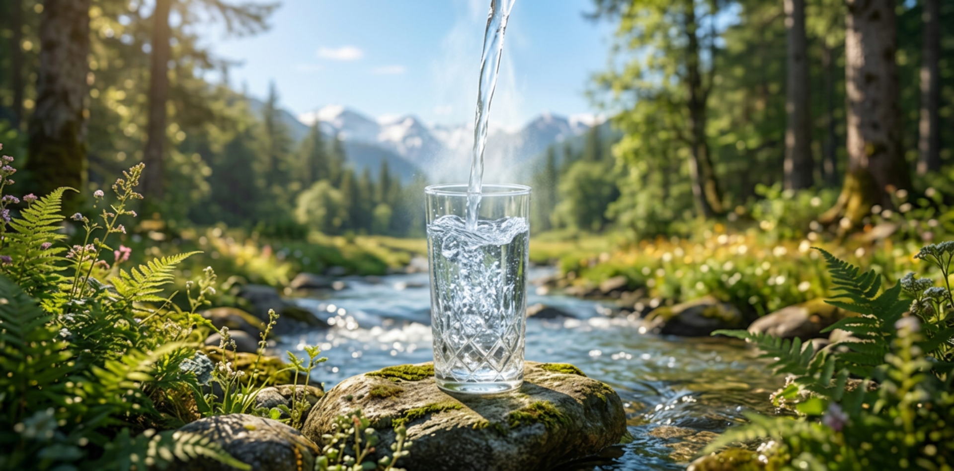 Reines und klares Quellwasser fließt durch eine grüne Naturlandschaft in ein Glas