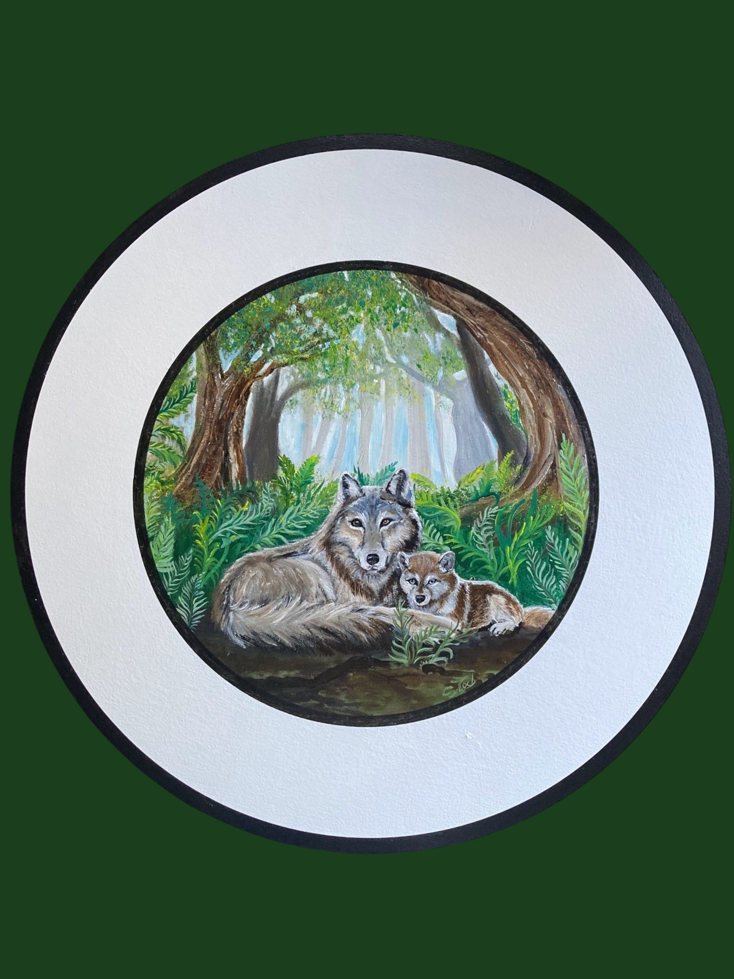 Handgemalte Schützenscheibe mit einer Wölfin und ihrem Welpen