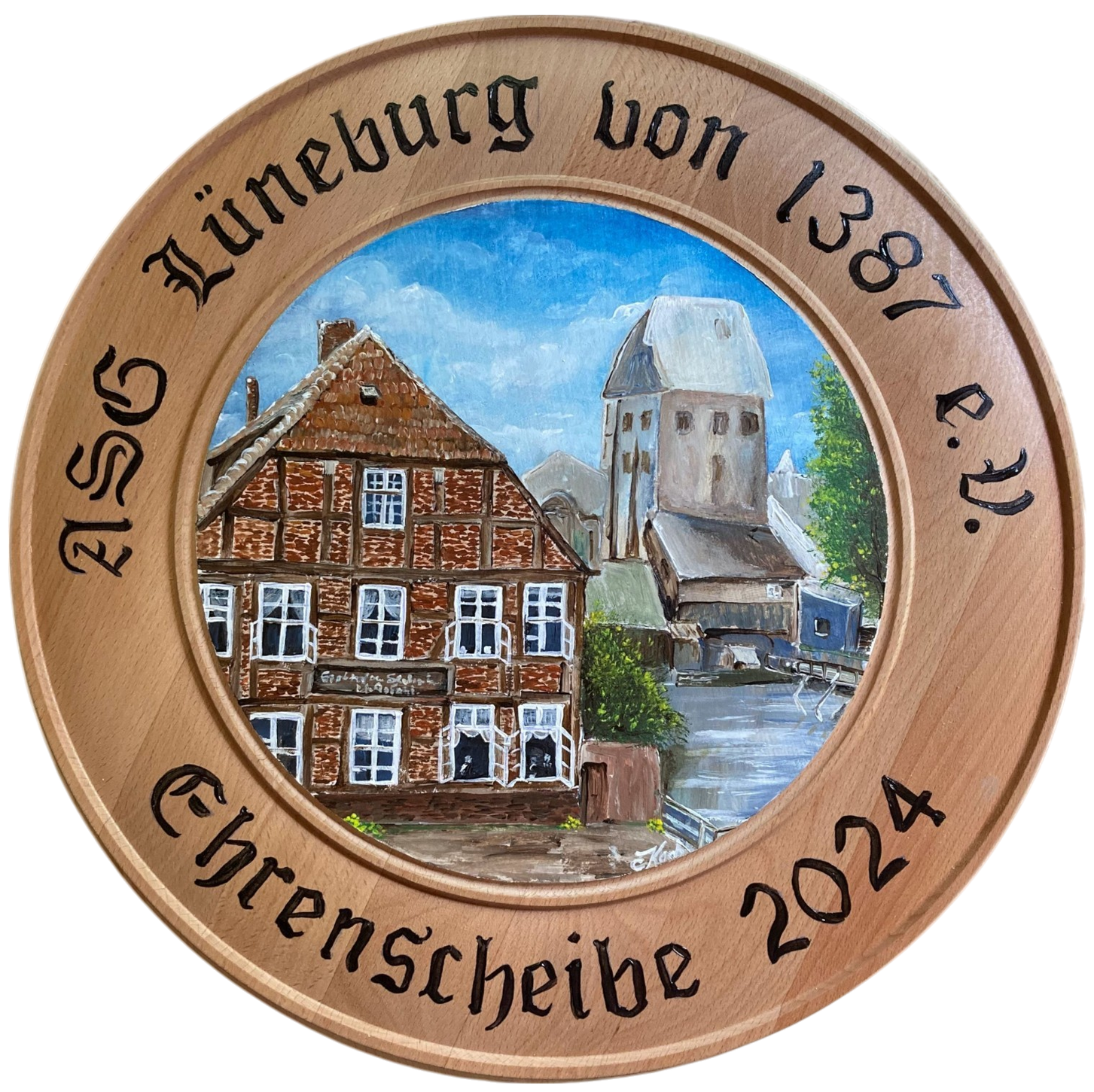 Schützenscheibe 40 cm Rotbuche, Motiv Altes Schützenhaus Lüneburg, Auftragsmalerei für die ASG Lüneburg von 1387 e.V.