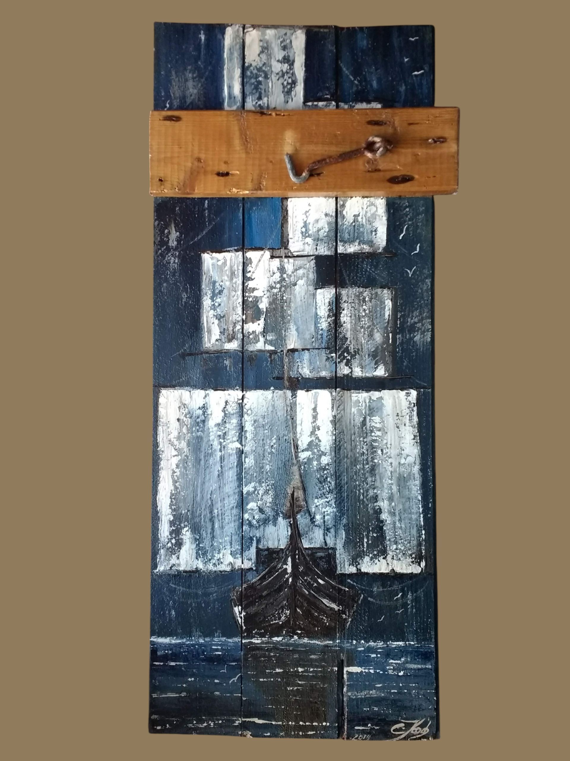 Segelschiff auf geviertelter Museums-Kellertür mit Sturmhaken und alten Nägeln, Claudia Koch