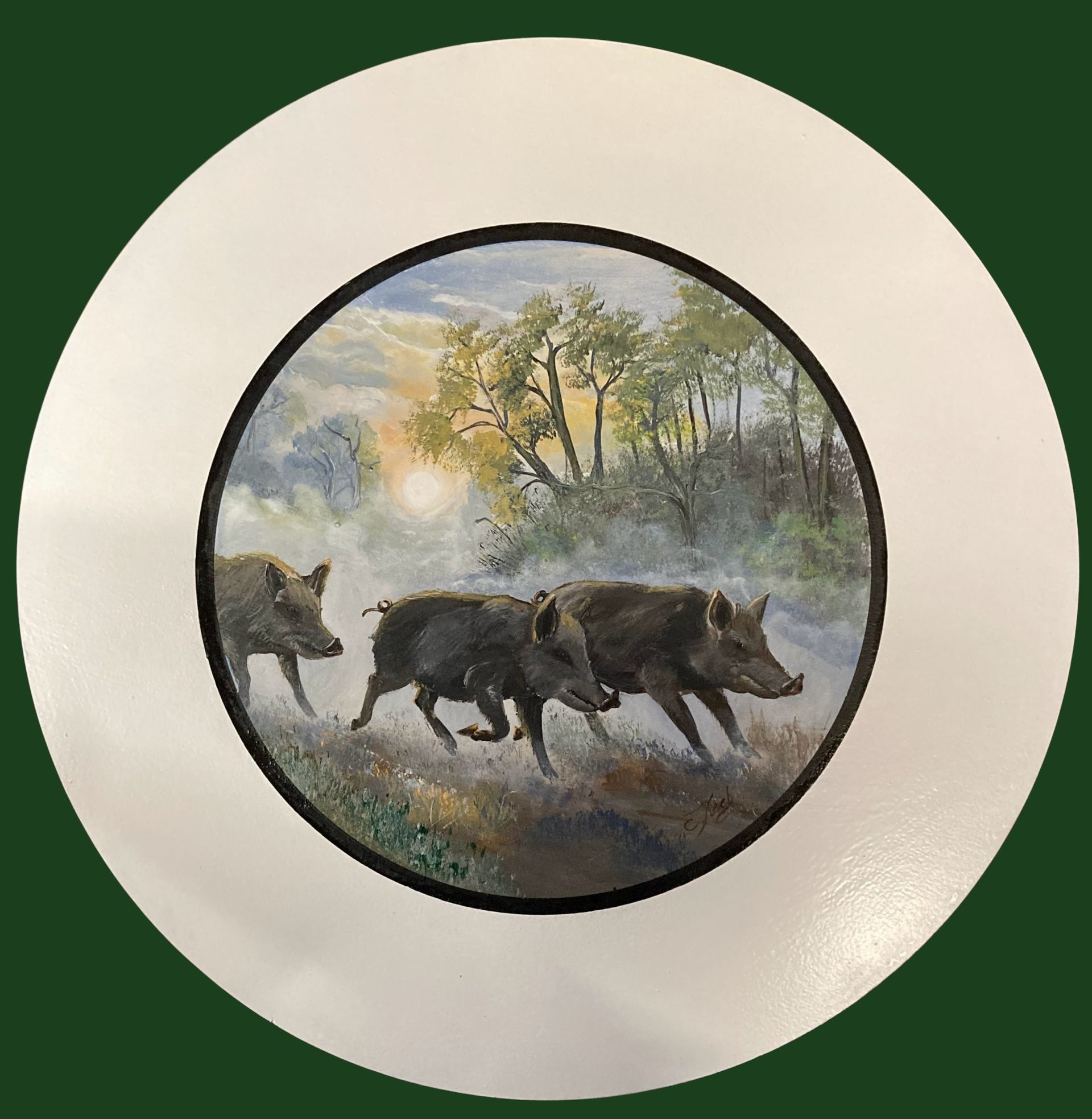 Handgemalte Schützenscheibe mit rennenden Wildschweinen