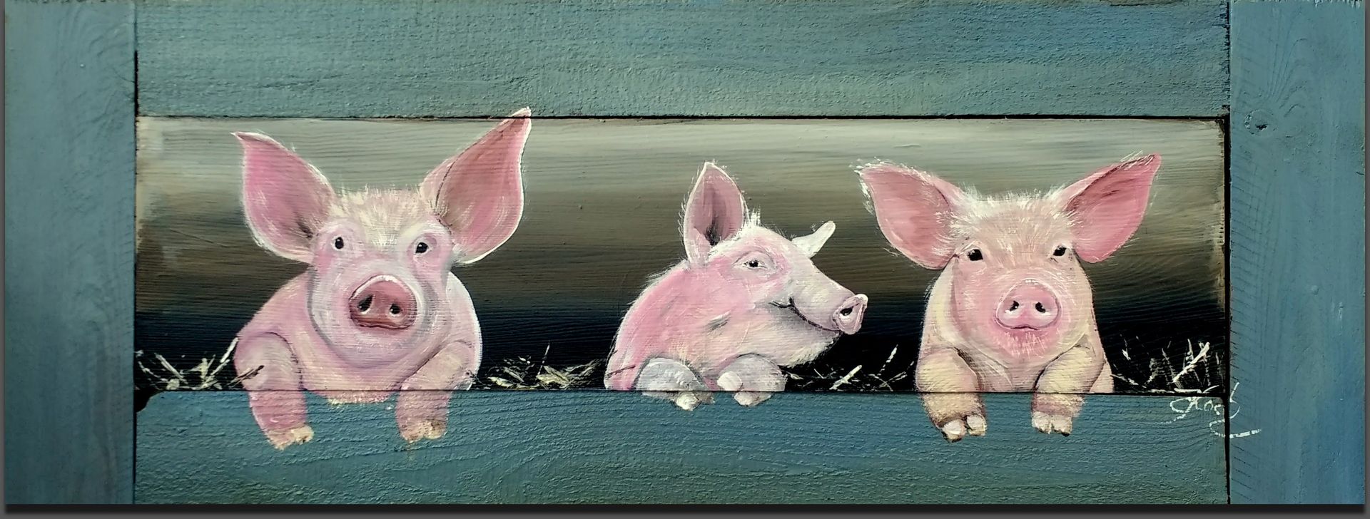 Drei Scheine schauen über ein Stalltor, handgemalt von Claudia Koch .Atelier am Deich