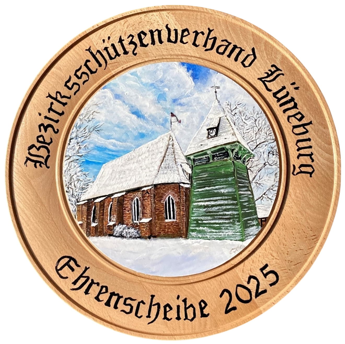 Winterliche Ehrenscheibe 2025 des Bezirksschützenverbandes Lüneburg mit handgemaltem Motiv der St.-Katharinen-Kirche Embsen und ihrem markanten grünen Holzglockenturm im Schnee