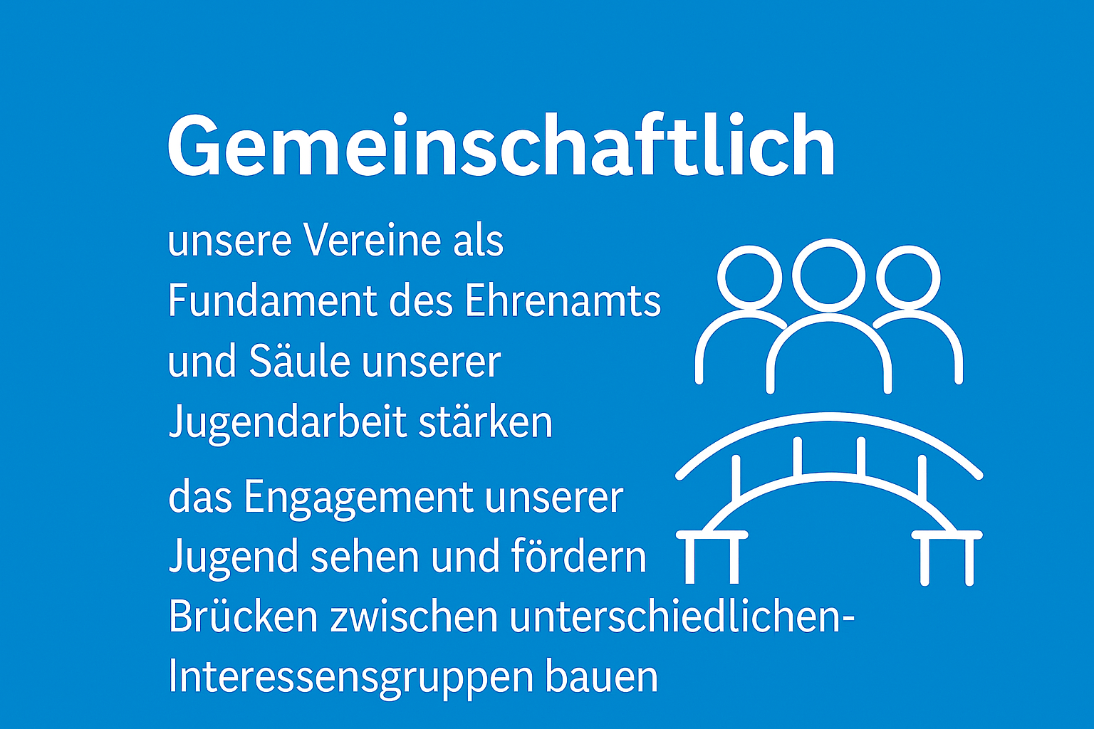 Blaue Grafik mit deutschem Text über Gemeinschaft, Freiwilligenarbeit und Jugend, mit einem Brückensymbol und Silhouetten.