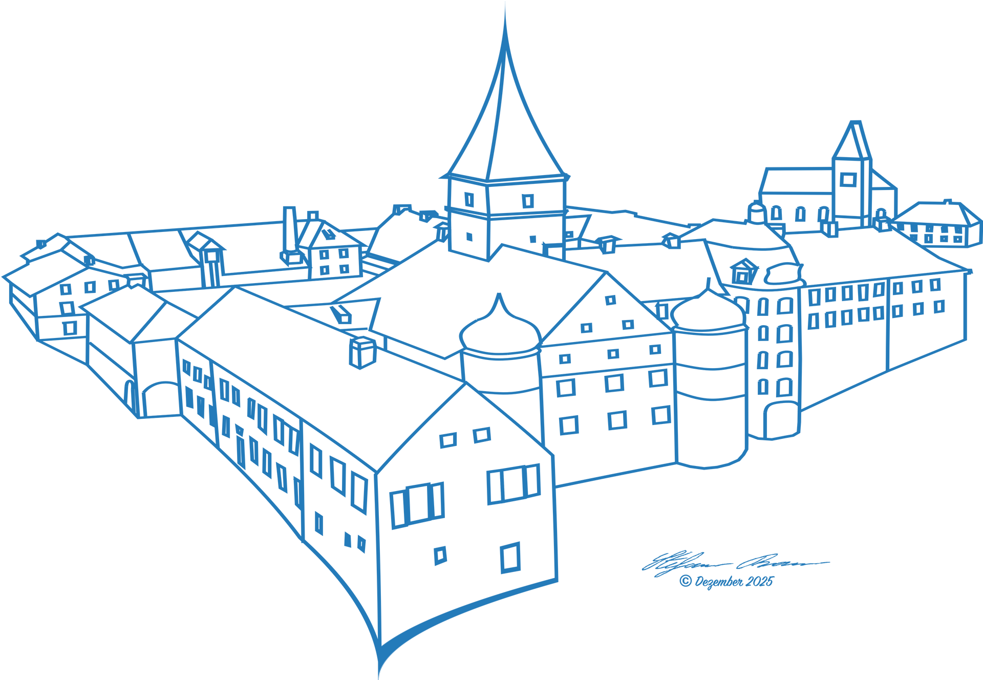 Blaue Strichzeichnung von Schloss Alteglofheim mit einem hohen zentralen Turm und umliegenden Gebäuden.