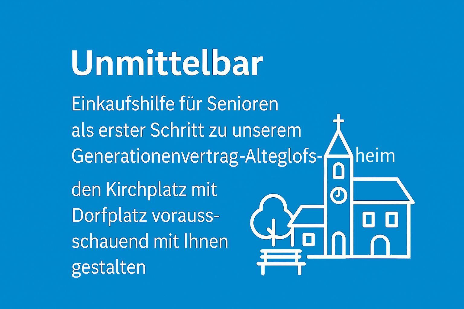 Blaue Grafik wirbt für Einkaufshilfe für Senioren; Kirchenillustration; Text in Deutsch.