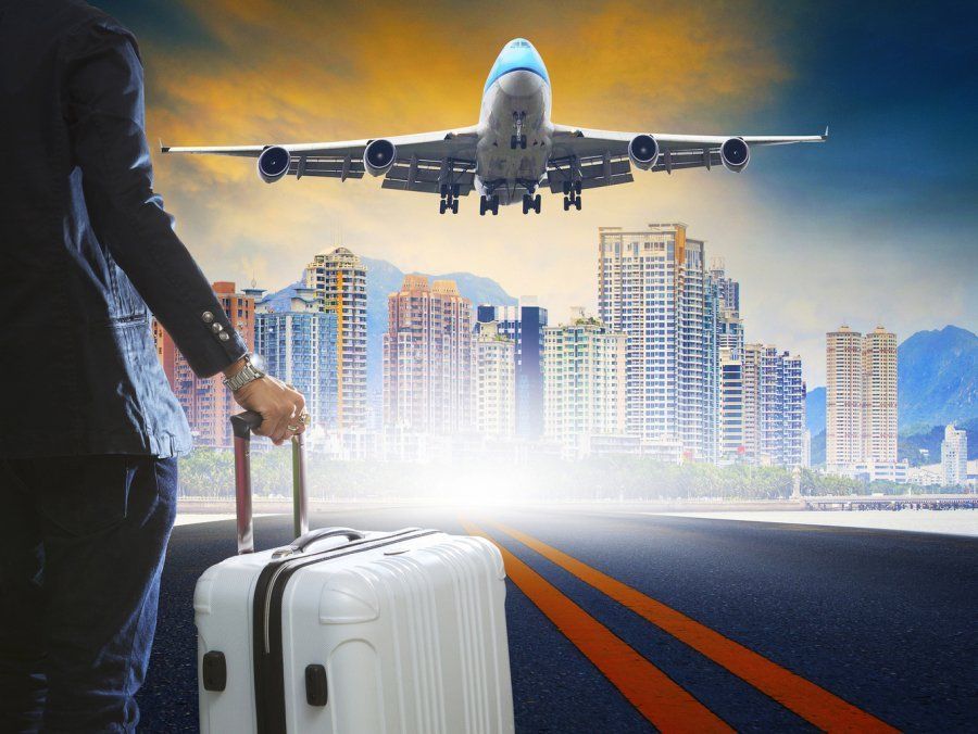 illustration of hand holding a bag and airplane takeoff