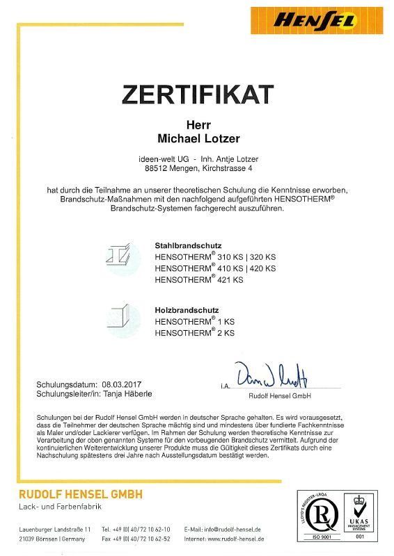 Zertifikat Brandschutz