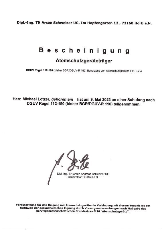 Zertifikat Atemschutzgeräte