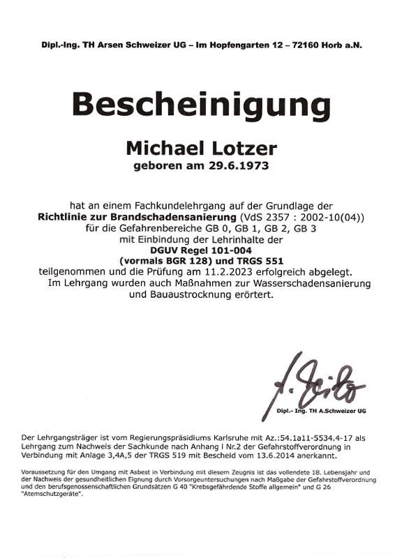Zertifikat Brandschadensanierung