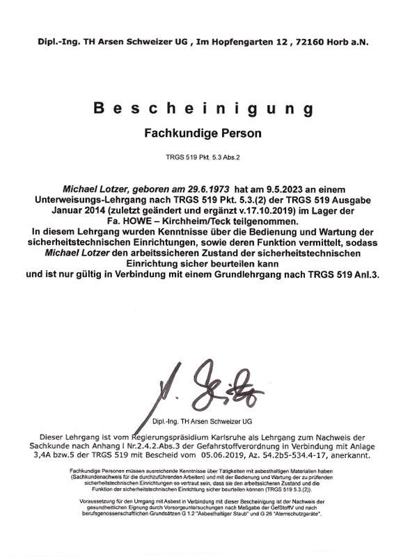 Zertifikat Fachkundige Person