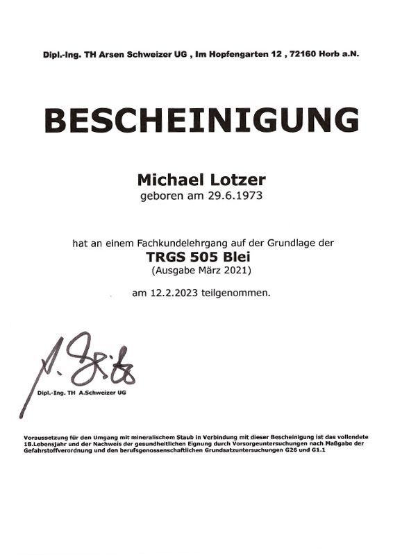 Zertifikat Schadstoffsanierung Blei