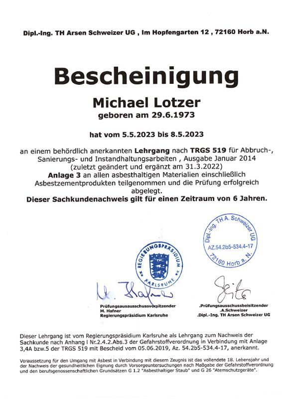 Zertifikat Asbestsachkundenachweis