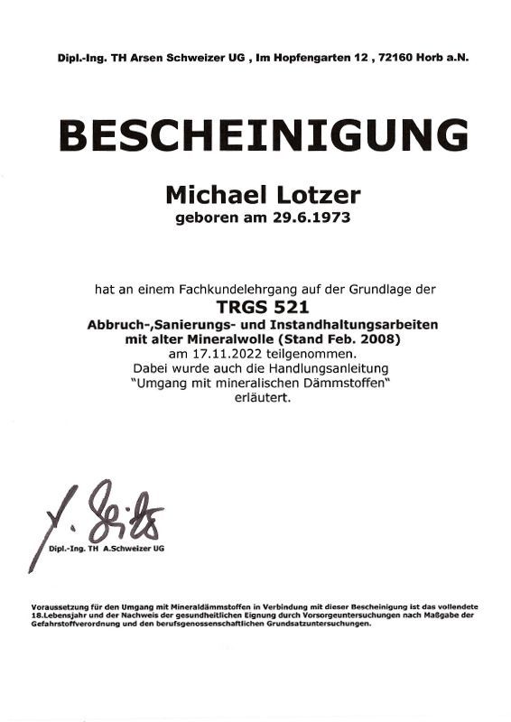 Zertifikat Abbruch- Sanierungs und Instandhaltungsarbeiten mit alter Mineralwolle