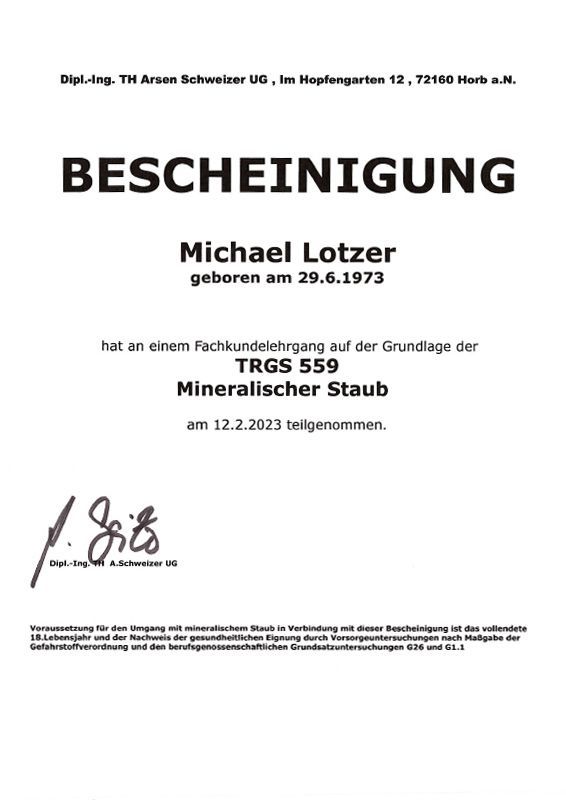 Zertifikat Mineralischer Staub