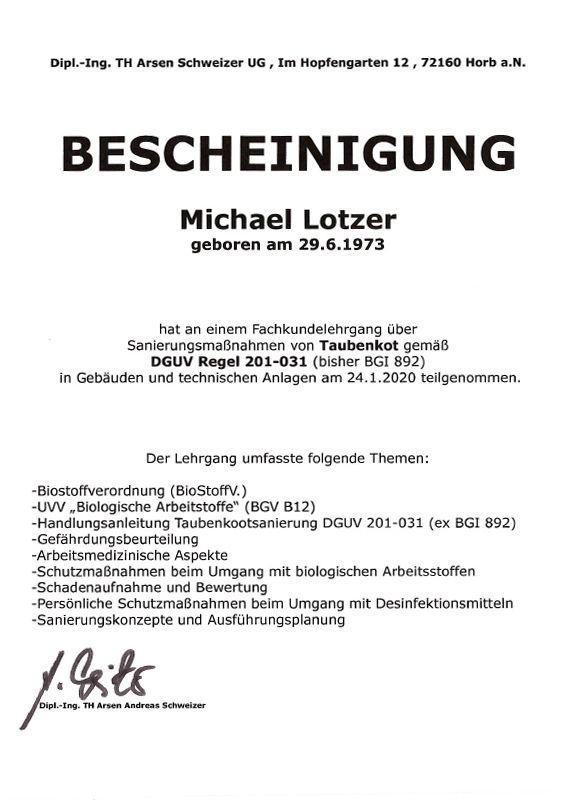 Zertifikat Sanierungsmaßnahme Taubenkot