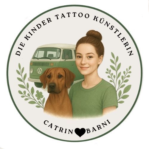 Round logo with woman, dog, van, leaves. Text 