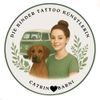 Die Kinder Tattoo Künstlerin Round logo with woman, dog, van, leaves. Text