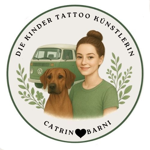 Logo with woman, dog, van, and text:
