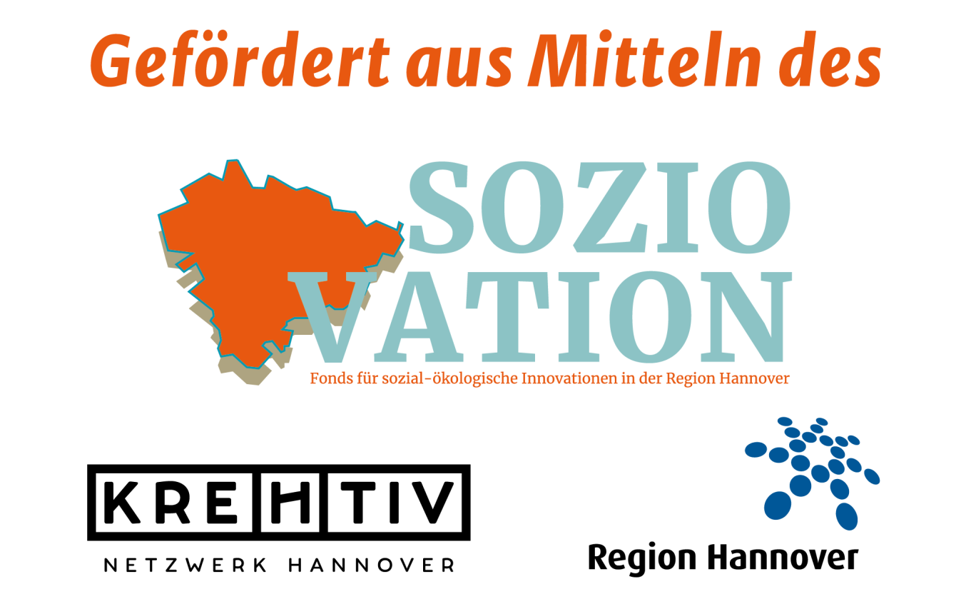 Gefördert aus Mitteln des Soziovation-Logosmit KREHTIV und Region Hannover-Logos auf weißem Hintergrund