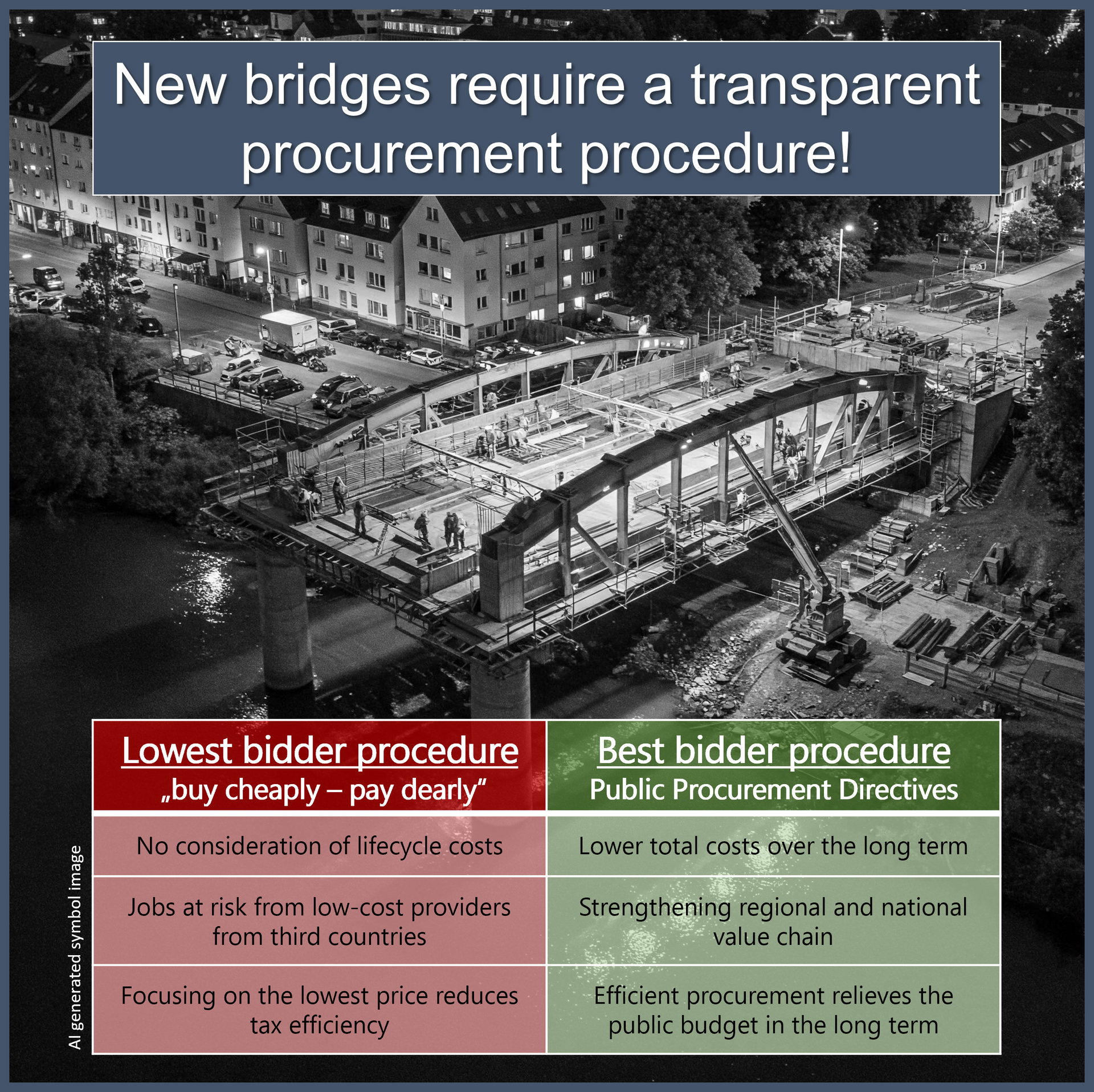 New bridges and infrastructure require a transparent procurement process based on best bidder procedure.