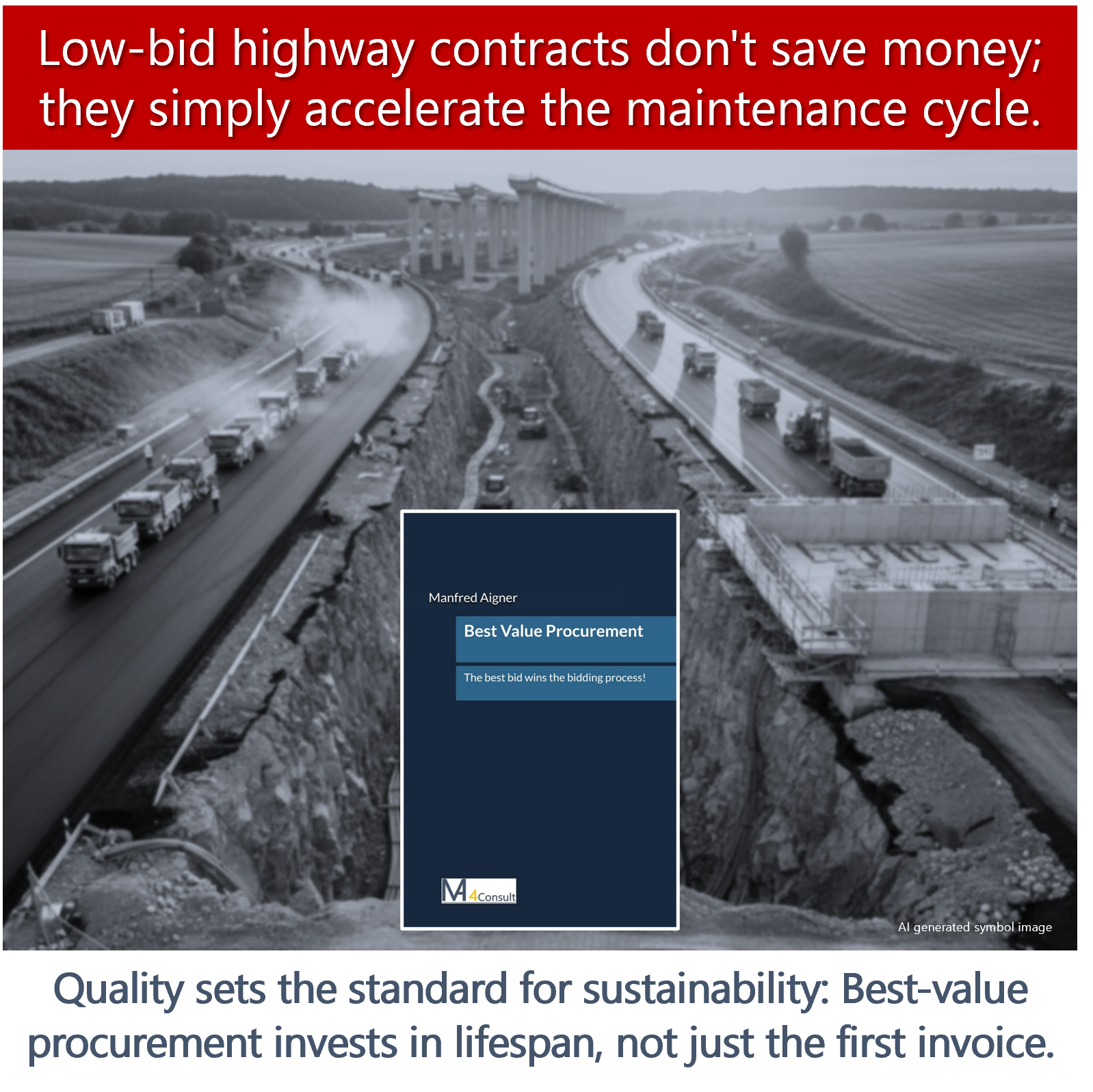 Construction site with a large road excavation where a new street is being built from both sides, symbolizing publicly funded infrastructure investments in long-term, high-priority projects such as transportation networks, digital broadband expansion, schools, renewable energy systems, and municipal services. The image highlights the principle that high-quality procurement ensures sustainable infrastructure and best value for society, while cheap procurement leads to recurring service issues.