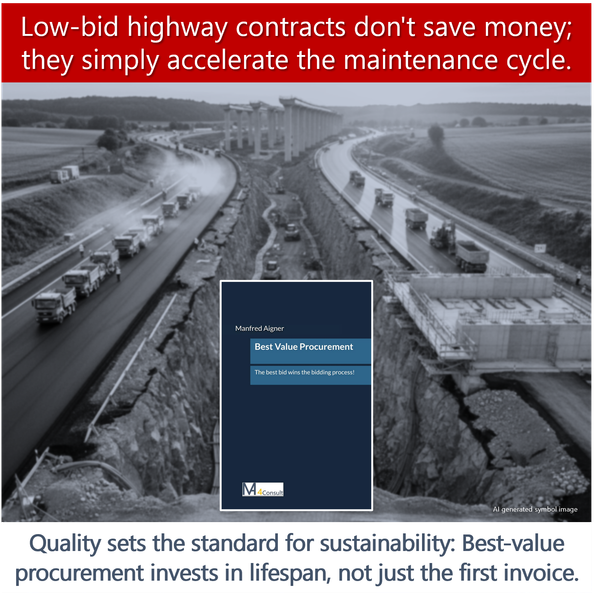 Construction site with a large road excavation where a new street is being built from both sides, symbolizing publicly funded infrastructure investments in long-term, high-priority projects such as transportation networks, digital broadband expansion, schools, renewable energy systems, and municipal services. The image highlights the principle that high-quality procurement ensures sustainable infrastructure and best value for society, while cheap procurement leads to recurring service issues.