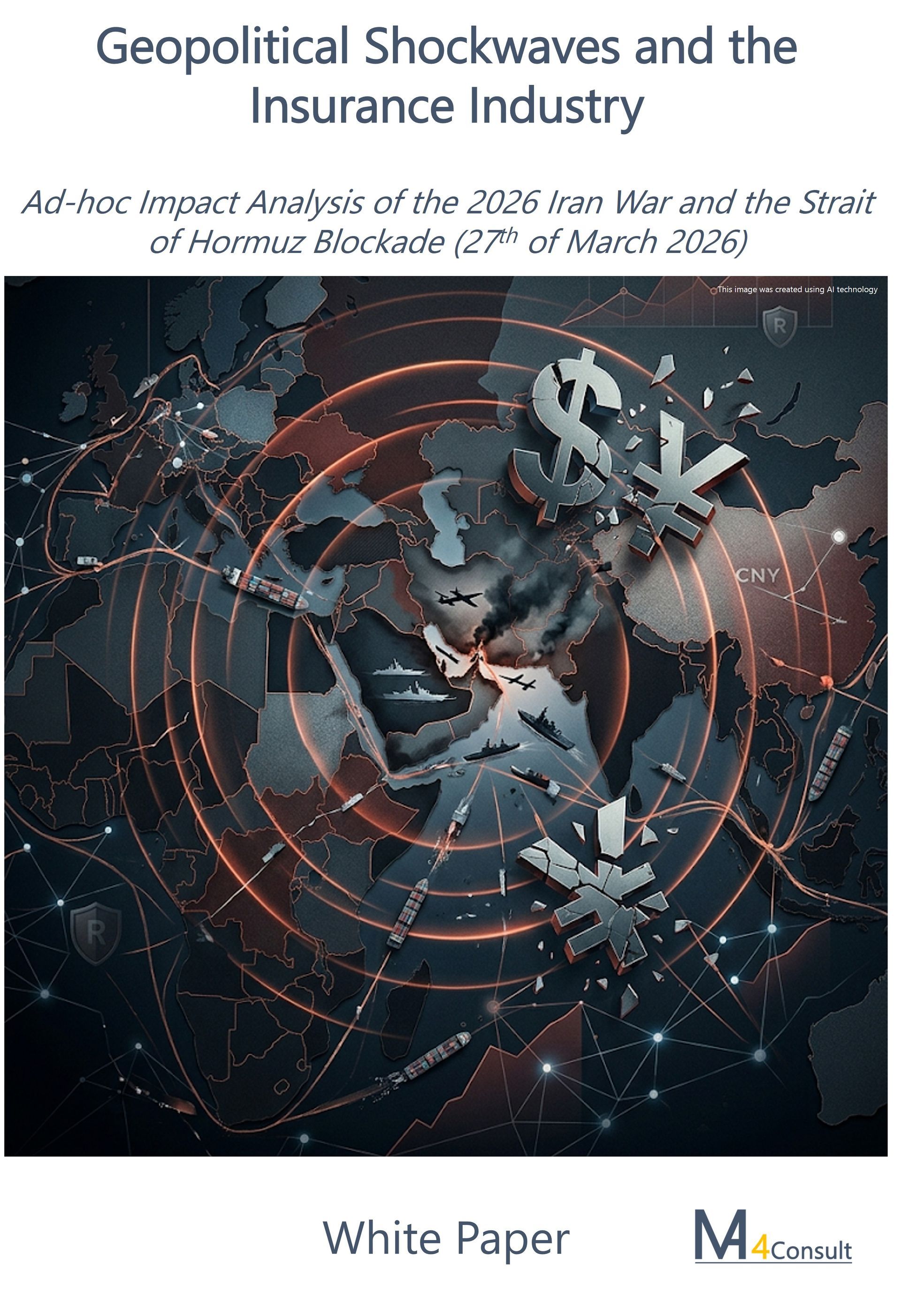 Cover of MA-4Consult whitepaper: Strategic analysis of the 2026 Iran War impact on the $8.2 trillion global insurance and reinsurance market, featuring RRF-i risk resilience metrics and Petroyuan currency shift forecasts.