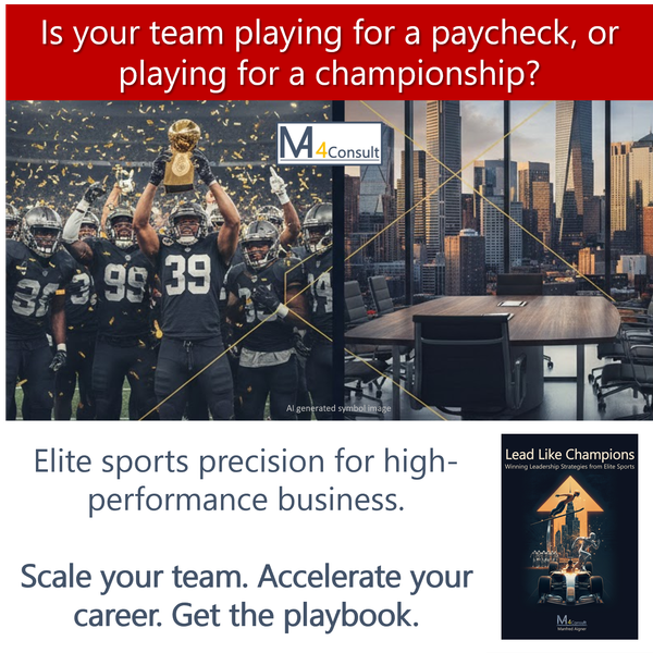 High-end split-screen graphic for executive leadership: On the left, a professional American football player in motion under stadium lights; on the right, a modern corporate boardroom with a sunset city skyline. Designed in navy and gold to represent power, precision, and high-impact career growth through elite leadership principles.