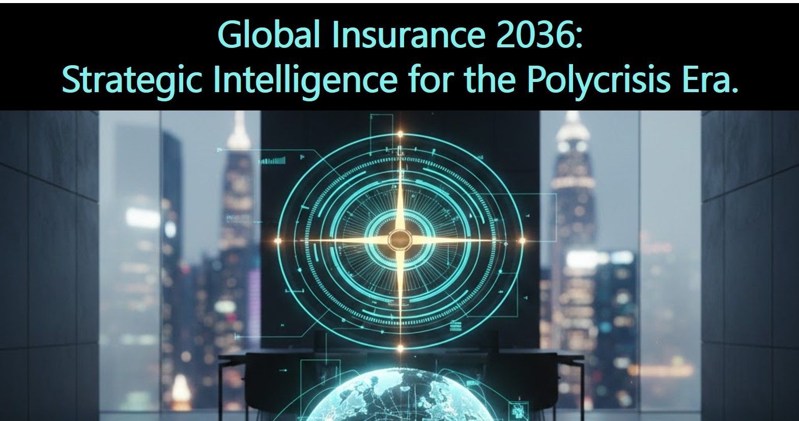 Global Insurance Market 2026-2036: Strategic Intelligence and Polycrisis roadmap. Futuristic 3D holographic navigation compass hovering over a digital world map with illuminated data pathways representing reinsurance trends, the Risk Resilience Factor (RRF-i), and Agentic AI integration in underwriting.