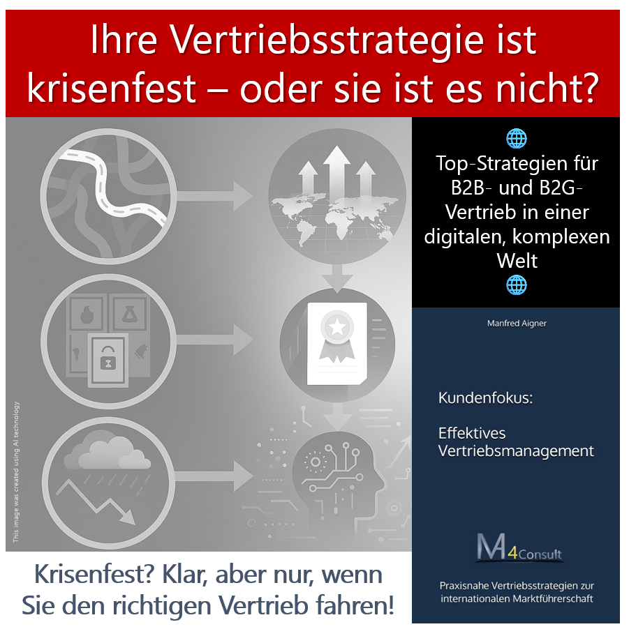 Infografik im quadratischen Format: Visualisierung der größten Herausforderungen und Lösungen im B2B- und B2G-Vertrieb. Links Symbole für chaotische Go-to-Market-Strategien (verworrene Straßen), komplexe öffentliche Ausschreibungen (verschlossene Dokumente und Türen) sowie Vertrieb in unsicheren Zeiten (stürmische Wolken mit fallender Kurve). Rechts die passenden Lösungen dargestellt durch klare Pfeile und Weltkarte (optimierte Go-to-Market-Strategie), Vertrag mit Siegel (erfolgreiche Ausschreibungen) sowie digitale Transformation und KI-Symbole (moderne, automatisierte Vertriebsprozesse). Farbwelt in kühlen Blau- und Grautönen mit futuristischen Akzenten.