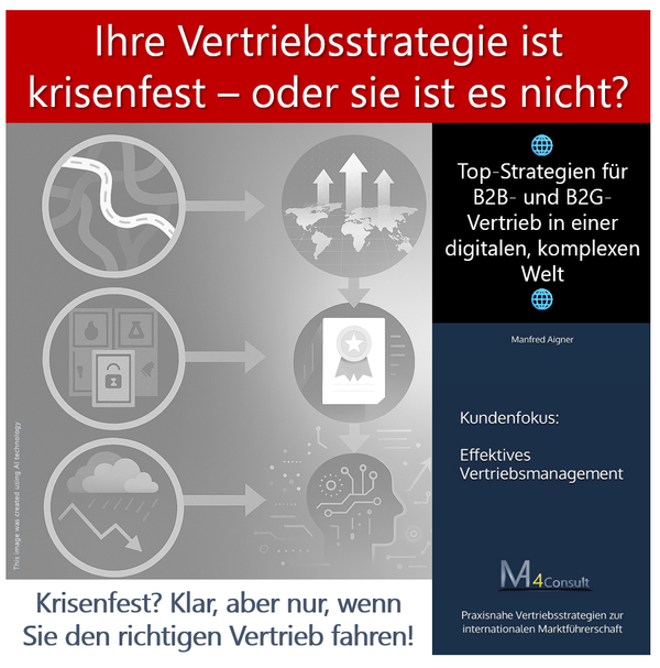 Infografik im quadratischen Format: Visualisierung der größten Herausforderungen und Lösungen im B2B- und B2G-Vertrieb. Links Symbole für chaotische Go-to-Market-Strategien (verworrene Straßen), komplexe öffentliche Ausschreibungen (verschlossene Dokumente und Türen) sowie Vertrieb in unsicheren Zeiten (stürmische Wolken mit fallender Kurve). Rechts die passenden Lösungen dargestellt durch klare Pfeile und Weltkarte (optimierte Go-to-Market-Strategie), Vertrag mit Siegel (erfolgreiche Ausschreibungen) sowie digitale Transformation und KI-Symbole (moderne, automatisierte Vertriebsprozesse). Farbwelt in kühlen Blau- und Grautönen mit futuristischen Akzenten.