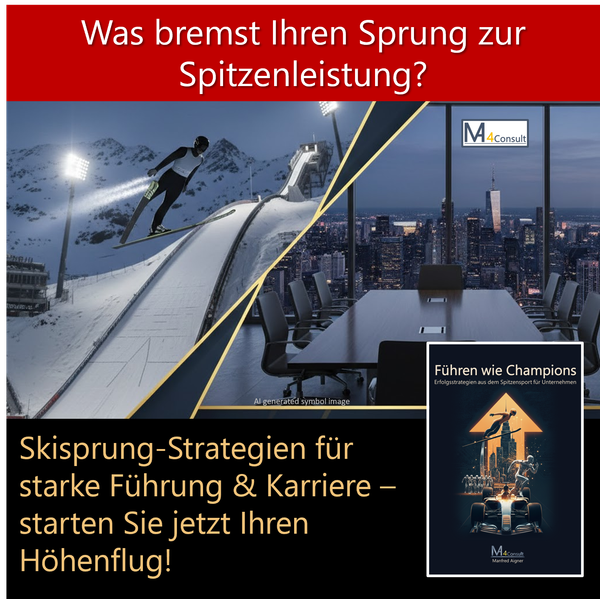 Split-Screen-Visualisierung von Sport-Erfolg und Business-Management: Skispringer in Aktion trifft auf exklusiven Konferenzraum mit Stadtblick. Visualisierung von strategischer Führung und beruflichem Erfolg durch Prinzipien aus dem Spitzensport.